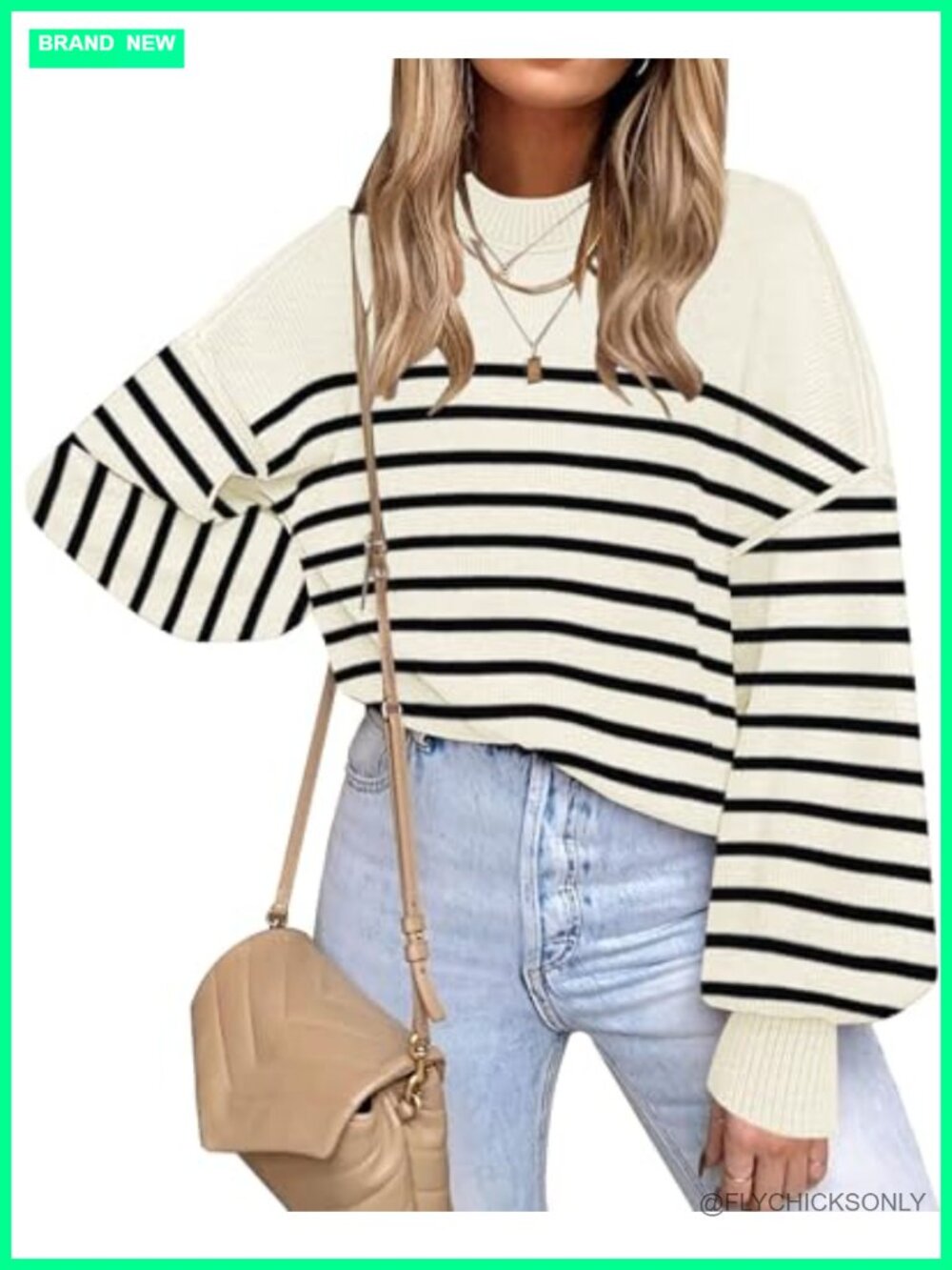 Womens Oversized Striped Knit Pullover Sweater Long Sleeve Crew Neck